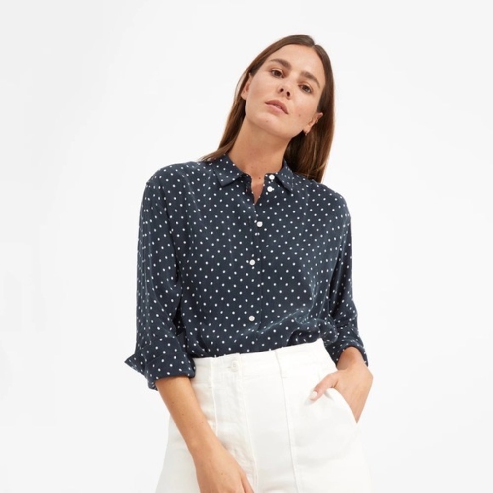 Everlane Oversized Button Down Blue with White Polka Dots Viscose Size 4